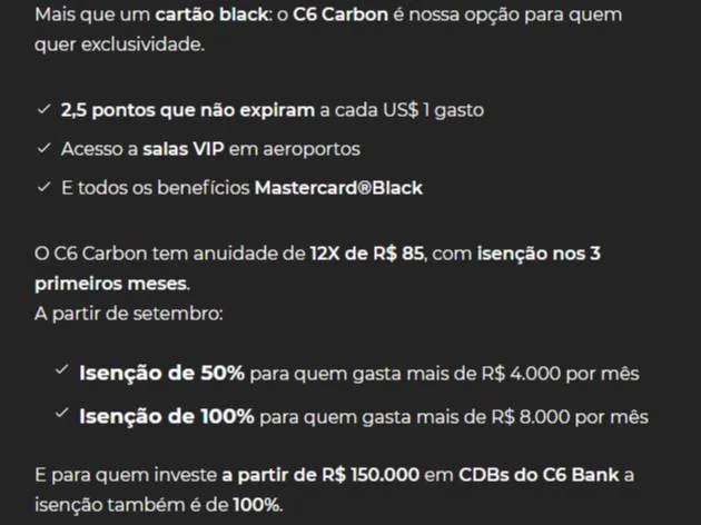 C6 Bank oferece anuidade gratuita para clientes Carbon Mastercard Black